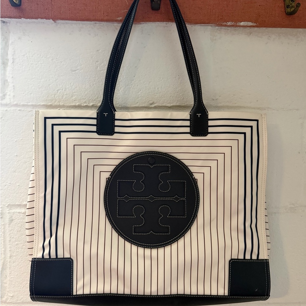 Tory Burch Striped Black and Cream Tote